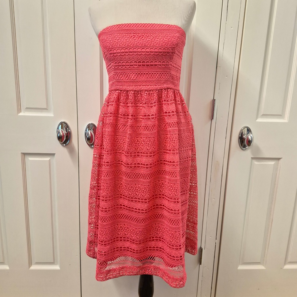 J Crew Collection Stanburry Strapless Dress Size 6 Hot Pink Lace Overlay Midi